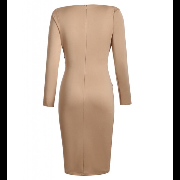 Asymmetric Black Detail Khaki Ruched Midi Dress - Picture 8 of 8